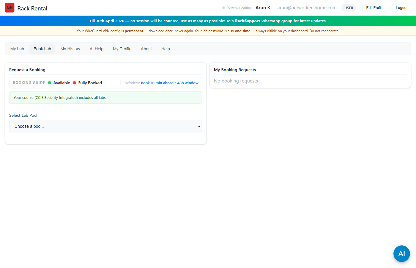 Book Lab tab with pod selector