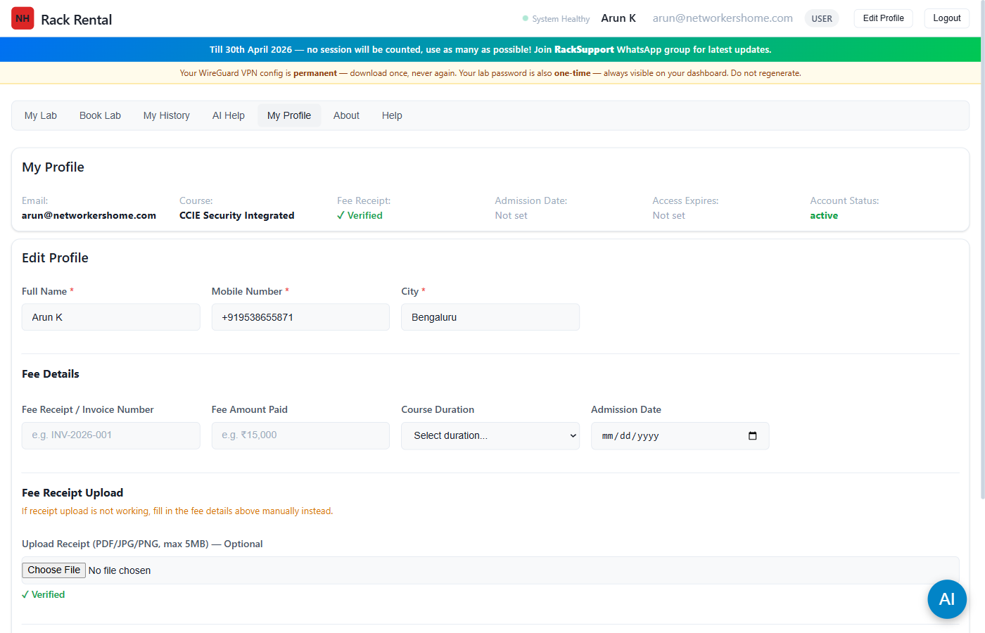 My Profile page with fee upload