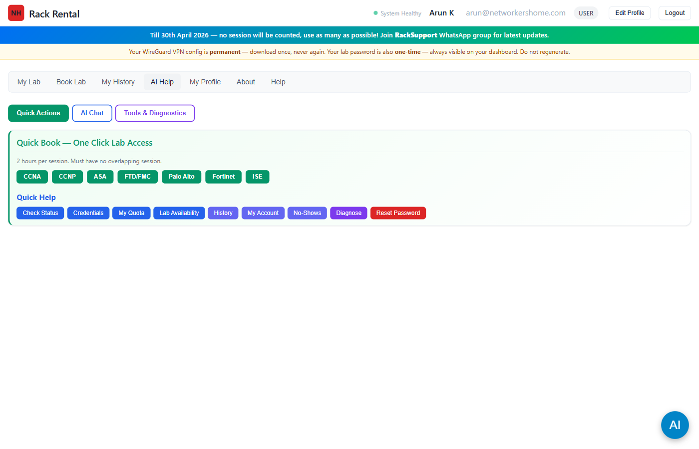 AI Help tab with Quick Actions